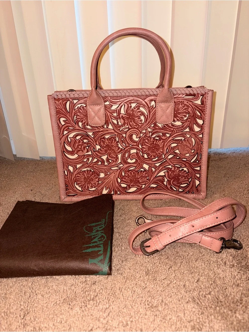 Dusty Rose Laser-Cut Floral Satchel with Detachable Strap